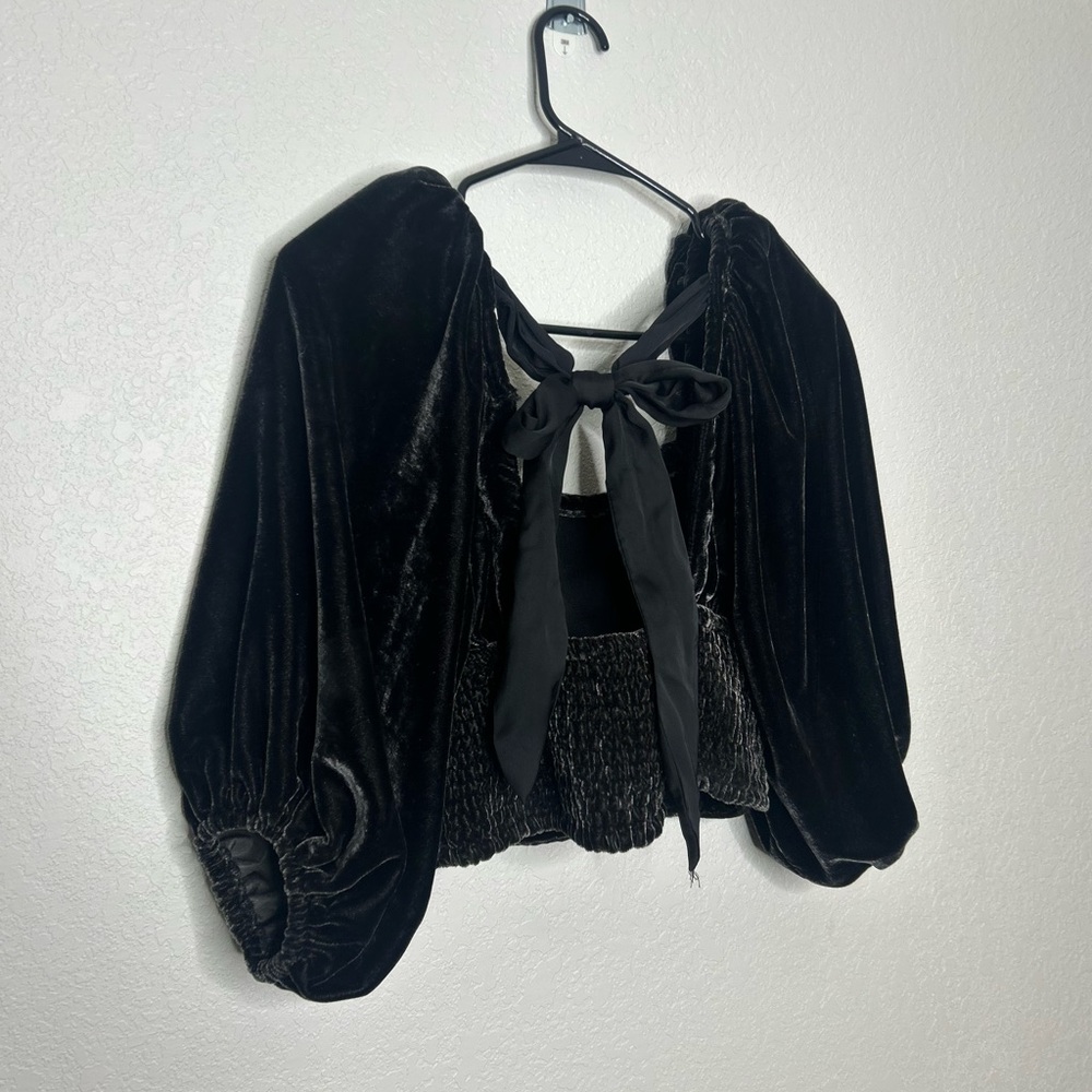 Free People Marie Black Velvet Puff Sleeve Tie-Back Blouse - Picture 12 of 13